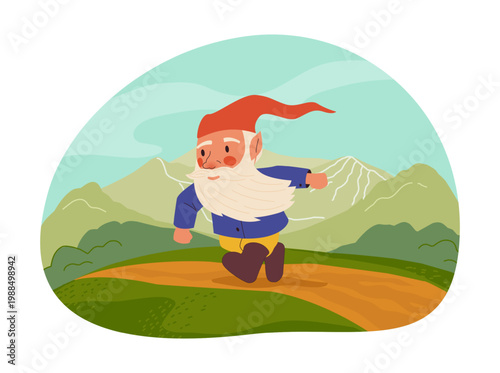 Cute gnomes. Cartoon fairy tale dwarves. Senior fabulous little character walking along countryside road. Mythology leprechaun in nature. Midget on hills. Vector fantasy bearded man in cap