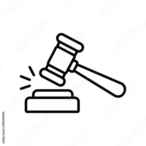 Verdict icon. Thin line judge gavel striking sound block vector illustration.