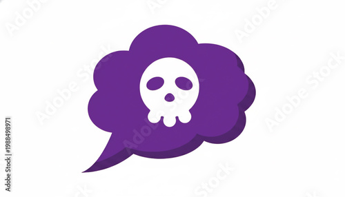 Skull thought bubble icon with purple cloud shape and white face for horror, gaming and spooky chat designs