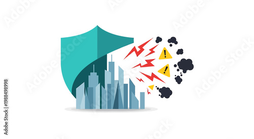 City skyline protection shield against threats urban security concept, vector icons