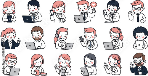 Corporate staff and medical professionals using tech devices graphic