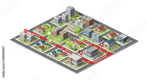 City block, urban planning, isometric map, vector illustration, transportation infrastructure