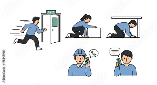 Earthquake safety, emergency response, evacuation, disaster preparedness icons, vector set