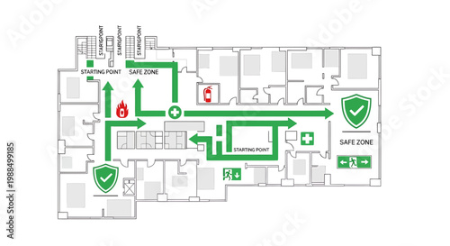 Fire evacuation plan, safety route map, emergency exit strategy, floor plan