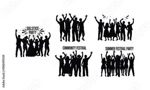 Summer solstice party community festival vector silhouette crowd people dancing line art.