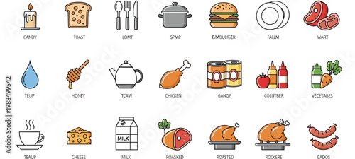 Food and Kitchen Icons Collection with Bread Burger Chicken Milk Vegetables and Cooking Elements Cartoon Vector Illustration Set