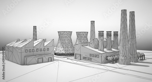 Industrial Factory Complex with Tall Chimneys and Cooling Towers.