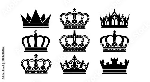 Royal crown silhouettes set, 9 vintage heraldic crowns and tiaras, black monarch headwear icons, medieval king and queen coronet vector collection