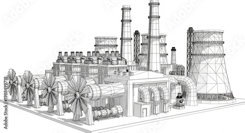 Industrial power plant with tall smokestacks and complex machinery.