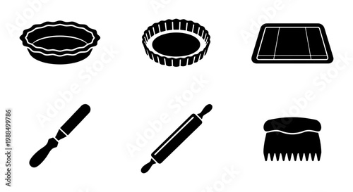 Baking tools and pastry equipment icons, 6 black vector silhouettes of rolling pin and tart pans, kitchen utensils for professional bakery