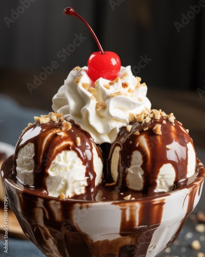 Close up of chocolate covered ice cream sundae with whipped cream and cherry
