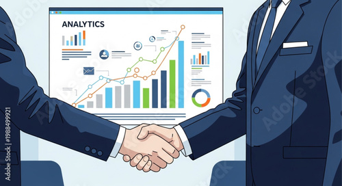 Two businessmen shaking hands in front of an analytics chart.