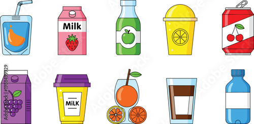 Assorted Beverage and Drink Packaging Icon Set Featuring Fruit Juice Boxes, Strawberry Milk Carton, Apple Juice Bottle, Soda Can, and Water Bottle for Lunchbox and Grocery Designs