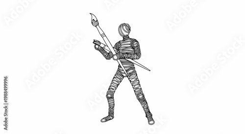 A mummy-like figure stands holding a large paintbrush and palette