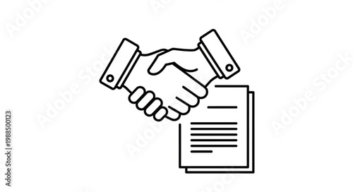 Business handshake agreement with documents icon.