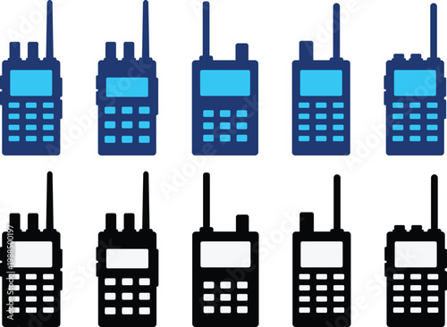 walkie talkie icon set. communication device icon. emphasizing strong symbol. Include buttons and antenna details
