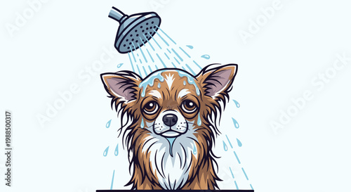 A small, sad dog with long fur is getting a shower