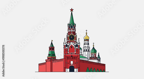 Stylized illustration of a red walled complex with green domed towers