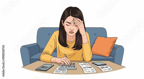 Stressed woman calculates bills and expenses at a table