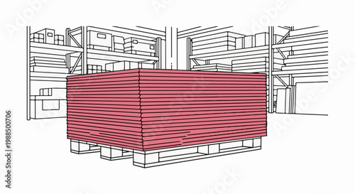 Stacked lumber on pallet in warehouse with shelving