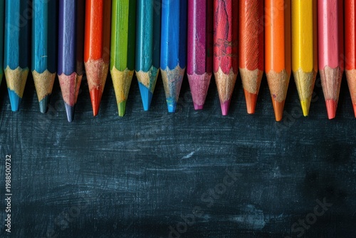 Supplies for school border on black chalkboard, panorama