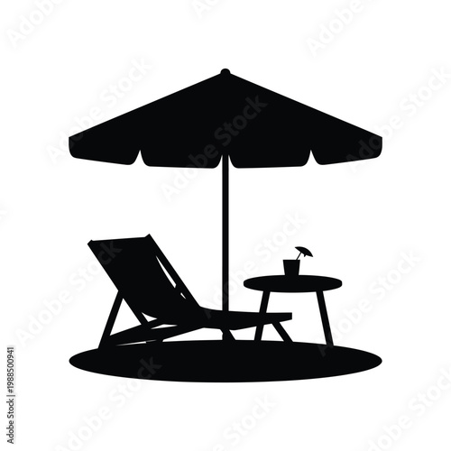 Beach relaxation silhouette with deck chair and umbrella on sand plus refreshing drink for tropical vacation travel promotion.