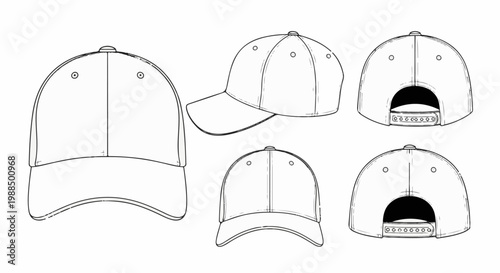Multiple views of a blank baseball cap, front, side, and back