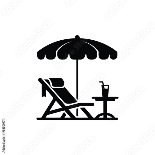 Coastal resort scene silhouette featuring beach parasol and lounger with glass of juice for summer tourism and leisure themes.