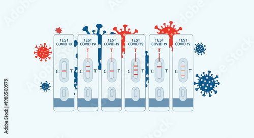 Line-up of COVID-19 rapid tests showing various results next to viral imagery