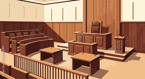 Interior courtroom scene with tiered seating, judge's bench, and witness stand