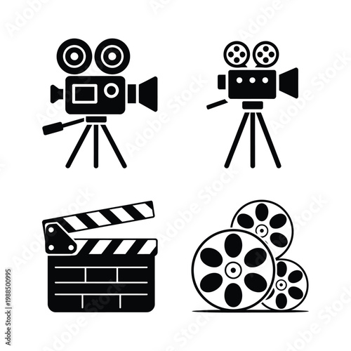 Film production equipment icons set including camera tripod clapperboard and reels for cinema industry and video editing work.