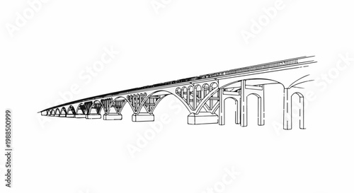 Line drawing of a long, multi-arched concrete bridge with a roadway above