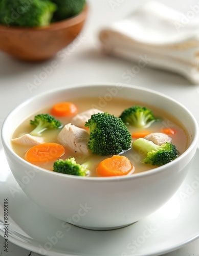 Bowl of chicken and broccoli soup with carrot slices. Light broth with tender chicken pieces and fresh green broccoli florets. Healthy homemade meal for lunch or dinner.