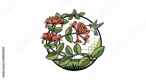 Delicate hummingbird sips nectar from blooming honeysuckle within a green oval frame