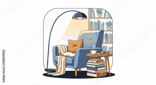 Cozy reading nook with blue armchair, books, warm lamp, and steaming coffee