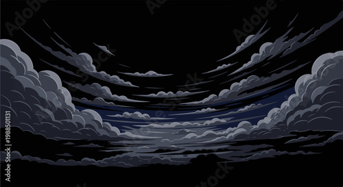 Dark, cloudy sky with dramatic lighting and pixelated clouds