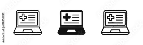 Online Medical Records Laptop Icon Set for Digital Healthcare Services
