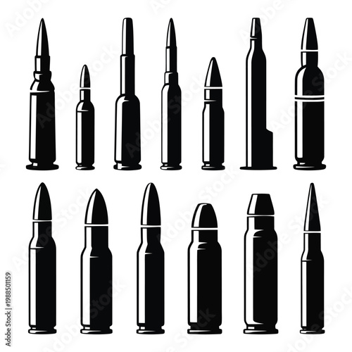 Set of various ammunition bullets isolated on transparent background for military or hunting concepts graphic design.