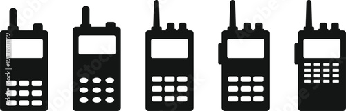 Walkie Talkie Icon Set. Portable transceiver and wireless design. Walkie talkie and signal waves symbol. Modern web policy signs
