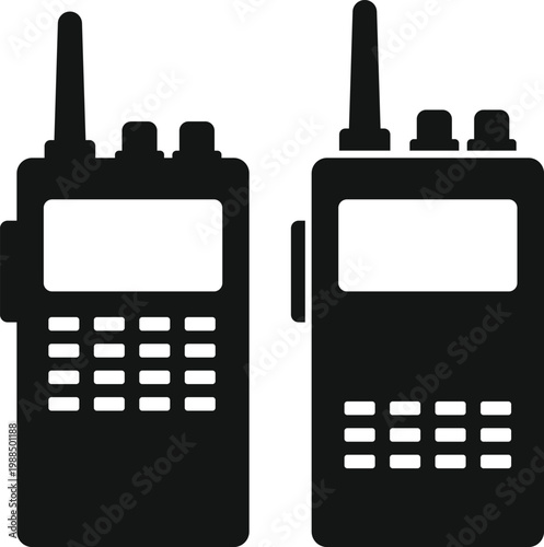 Walkie Talkie Icon Set. Portable transceiver and wireless design. Walkie talkie and signal waves symbol. Modern web policy signs
