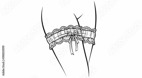 Black and white line drawing of a delicate lace garter with a bow on legs