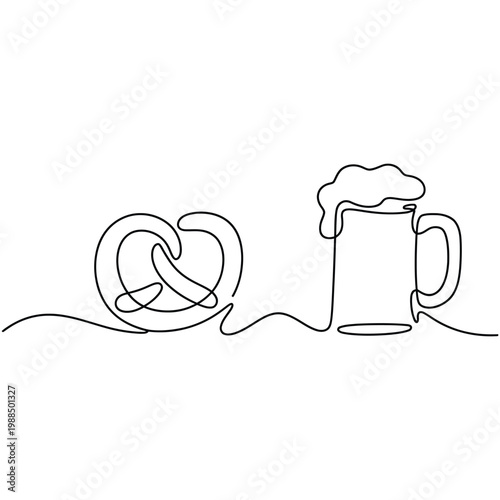 Single continuous line drawing of traditional pretzel and mug of beer with foam for october festival celebration vector design.