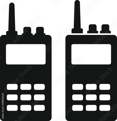 Walkie Talkie Icon Set. Handheld transceiver and antenna icons. Radio communication and security symbols. Emergency Communication Icons
