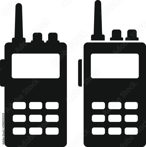 Walkie Talkie Icon Set. Handheld transceiver and antenna icons. Radio communication and security symbols. Emergency Communication Icons
