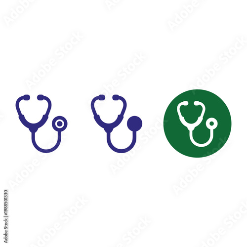 Medical stethoscope icon collection with line solid and green circle variations for professional healthcare and heart diagnostics.