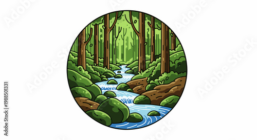 A picturesque forest stream flows over mossy rocks amidst tall trees