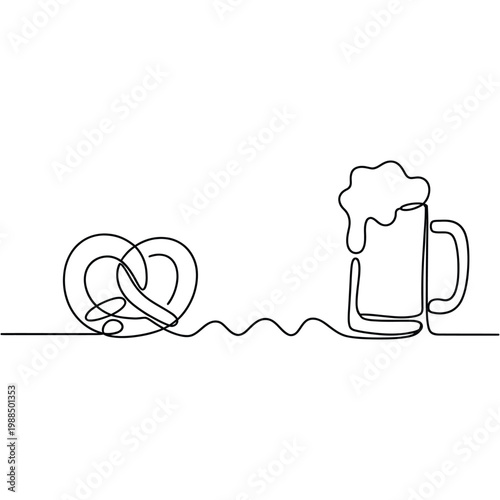 Continuous line drawing of pretzel and beer mug with foam, symbol of bavarian festival celebration food and drink.