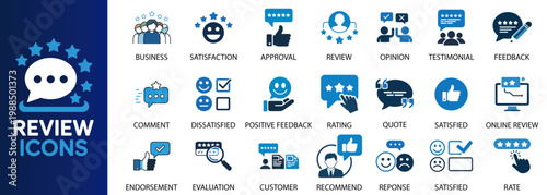 Review Icon Set Vector Illustration, Solid Icons Collection Including Feedback, Rating, Testimonial, Satisfaction, Comment, Opinion, Like, Customer, and Recommendation Symbols