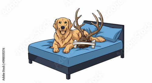 A golden retriever lies on a blue bed next to a mounted deer head