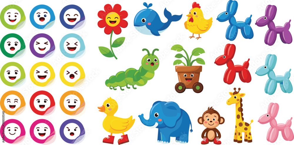 Obraz premium Cute Cartoon Icons and Animal Characters Collection with Emoji Faces Balloon Dogs Elephant Duck and Caterpillar Vector Illustration Set
